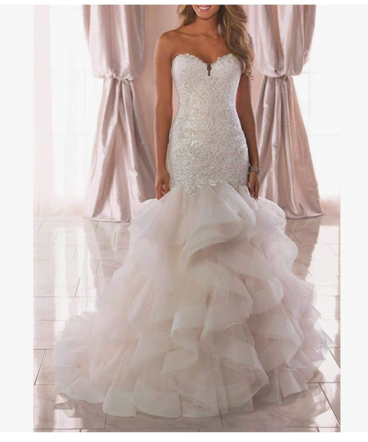 Long Mermaid Wedding Dress with Ruffle Skirt Elegant Lace Appliques Sweetheart Wedding Gown