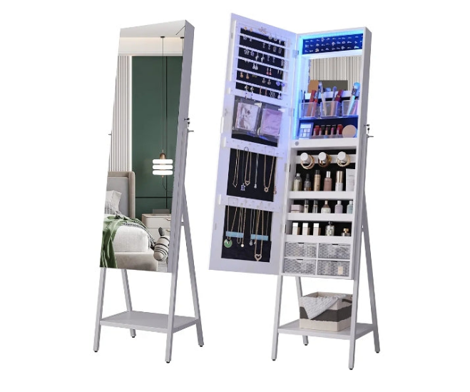 LED Mirror Jewelry Cabinet Standing, Lockable Jewelry Armoire Organizer Full Length Mirror with Storage, Adjustable Lights Jewelry