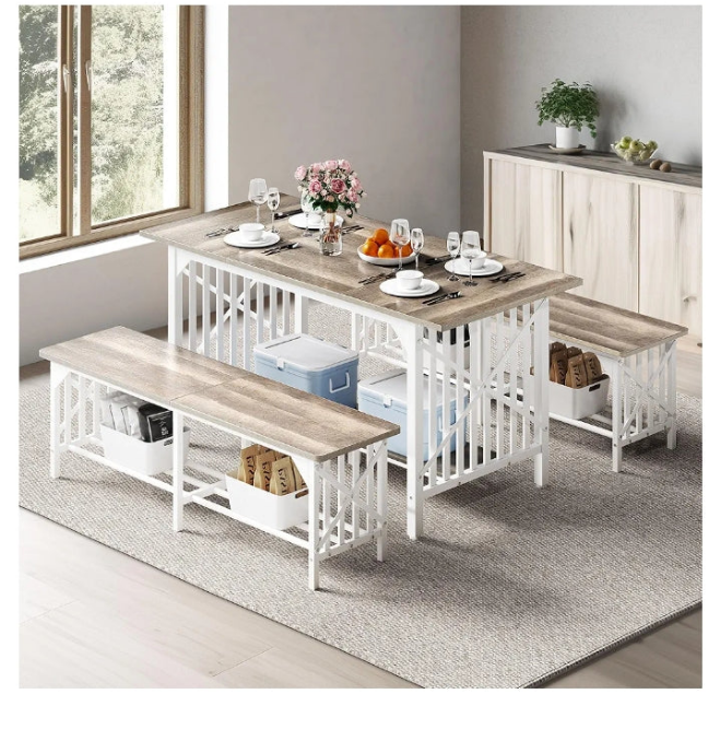 3-Piece Dining Table Set for 4-6 People, 63" Dining Room Table with 2 Benches, Industrial Rectangular Dining Room Table Set with Storage for Kitchen, Dining Room, Rustic Brown