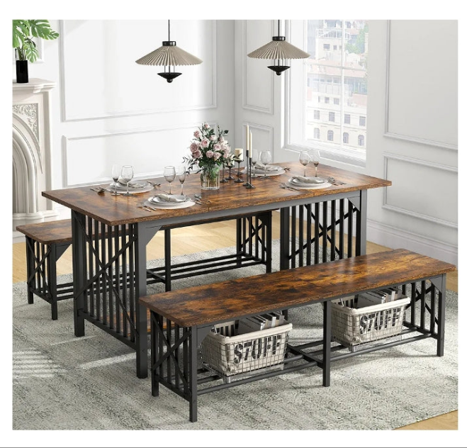 3-Piece Dining Table Set for 4-6 People, 63" Dining Room Table with 2 Benches, Industrial Rectangular Dining Room Table Set with Storage for Kitchen, Dining Room, Rustic Brown