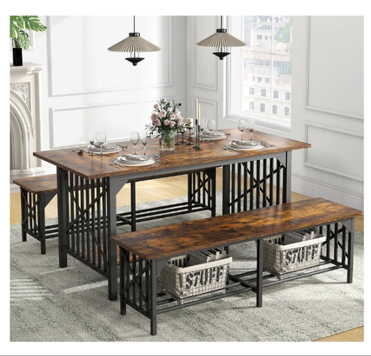 3-Piece Dining Table Set for 4-6 People, 63" Dining Room Table with 2 Benches, Industrial Rectangular Dining Room Table Set with Storage for Kitchen, Dining Room, Rustic Brown