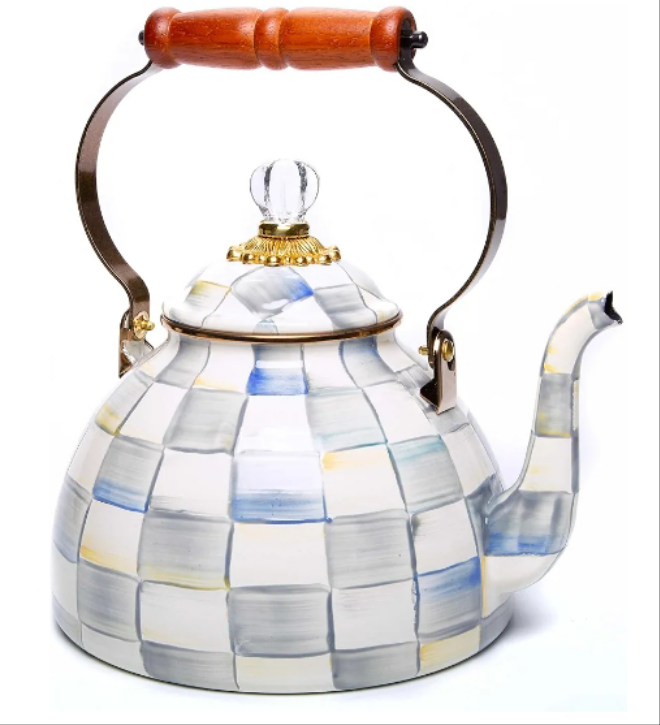 King Collection Enamel Tea Kettle, Stylish Tea Kettle for Stovetop, Royal Check, 3 Quarts