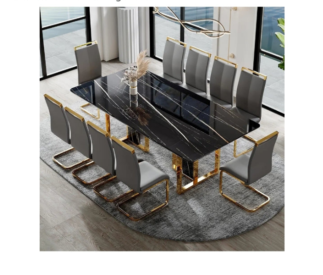 79in Dining Table Set For 10,Kitchen Table Chairs Set With Glossy Faux Mareble Table Top ,Black Rectangle Dining Room Table Set For 10,11 Piece Kitchen Table And Chairs Set For Kitcken Dining Room