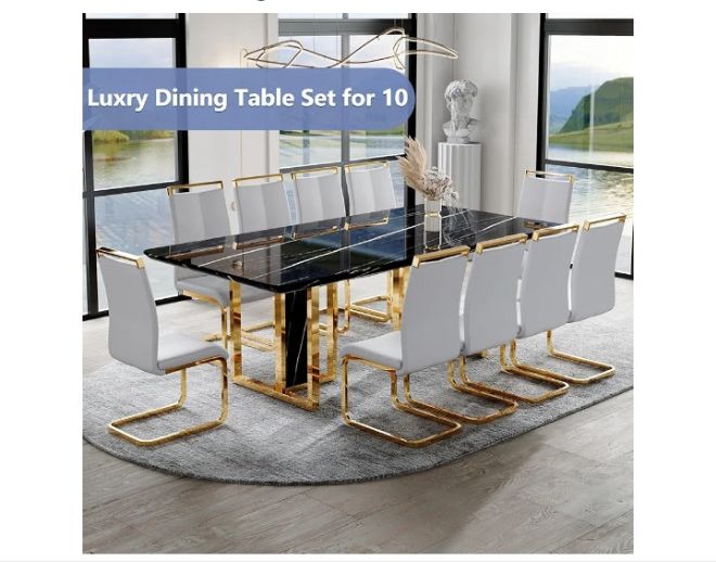 79in Dining Table Set For 10,Kitchen Table Chairs Set With Glossy Faux Mareble Table Top ,Black Rectangle Dining Room Table Set For 10,11 Piece Kitchen Table And Chairs Set For Kitcken Dining Room