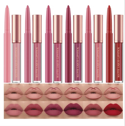 12Pcs Matte Liquid Lipstick + Lip Liner Pens Set, One Step Lips Makeup Sets Pigment Velvety Nude Lip Stain Waterproof Long Wear Lip Gloss Make up