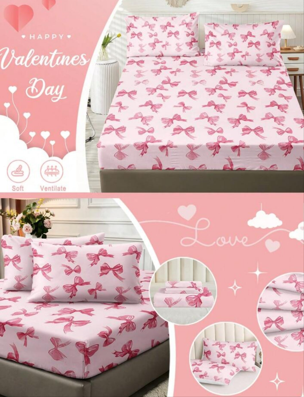 3pcs Watercolor Pink Bow Girly Cute Digital Print Bedding Set (1 Bedsheet + 2 Pillowcases, No Comforter), Daily Use Polyester Fiber Soft & Skin-Friendly, Suitable For Master/Guest/Kids Bedroom, All Seasons