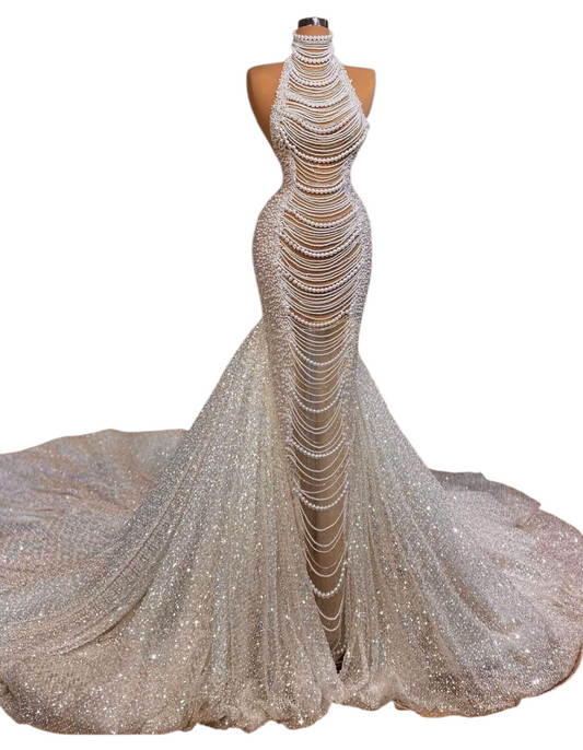 Long Mermaid Halter Beading Sleeveless Wedding Dress With Pearls