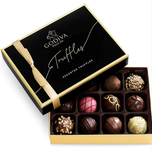 Godiva Chocolatier Signature Assorted Chocolate Truffle Gift Box for Birthday, Thank You, Anniversary, Congratulations Gift Basket Gourmet Candy with Creamy Ganache in Milk, White, Dark Chocolate, 12pc