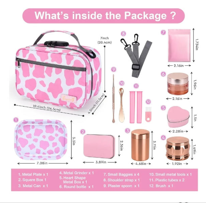 Large Storage Bag with 11 Small Items, Portable Storage Case with Combination Lock For Home and Travel(Cute Cow Print)Pink and white