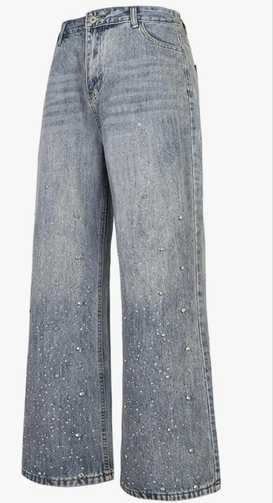 Hip Hop Rhinestone Jeans Men Women Baggy Straight Vintage Blue Denim Pants Streetwear Jeans Trousers