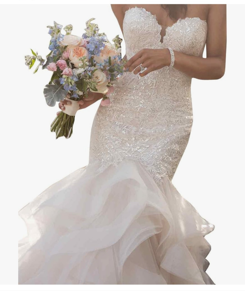 Long Mermaid Wedding Dress with Ruffle Skirt Elegant Lace Appliques Sweetheart Wedding Gown