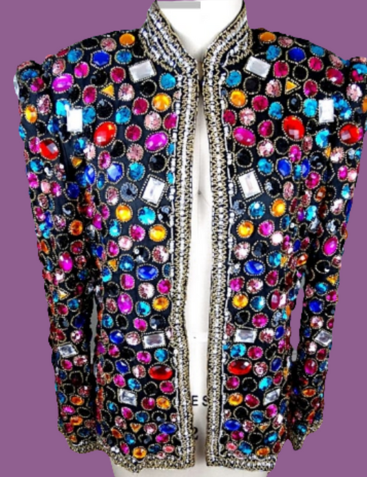 COCOMONEY Jewel Embellished Sequin Trophy Jacket // Rainbow Rhinestone Crystal Gem Beaded Evening JacketBust Medium - Bust - 36" +Shoulders - 16"
Sleeves - 21"
Top to Bottom - 24"