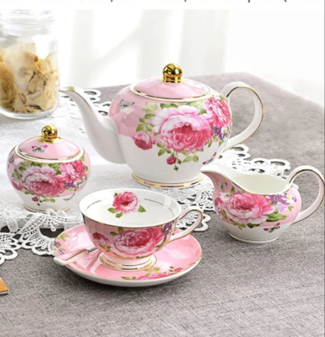 Tea Sets for Adults with Teapot Tea Service for Weddding Coffee Cups and Saucers Sugar Bowl, Milk Jar, Fine Bone China White, 15 Pieces,