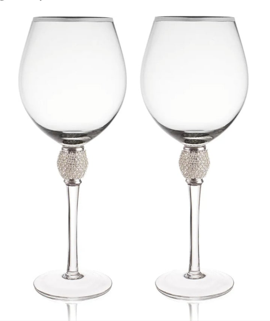 Set of 2 Wine Glasses - Rhinestone "DIAMOND" Studded With Silver Rim - Long Stem, 16oz, 10-inches Tall - Elegant Glassware And Stemware
