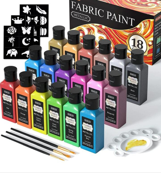 Metallic Fabric Paint, Shuttle Art 18 Metallic Colors Permanent Soft Fabric Paint in Bottles (60ml/2oz) with Brush and Stencils, Non-Toxic Textile Paint for Jeans, Bags & DIY Projects