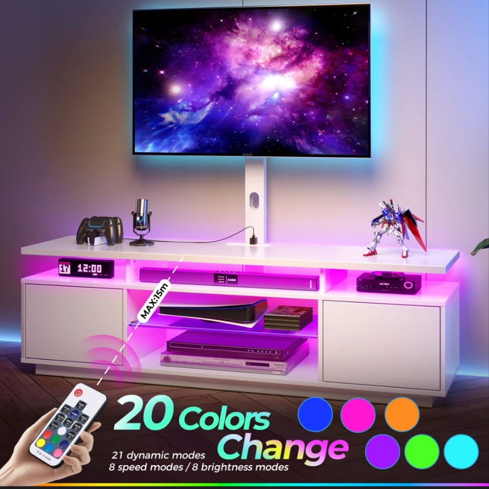 Adjustable TV Stand for TVs up to 70" with 2 Storage Cabinets and RGB LED Lights