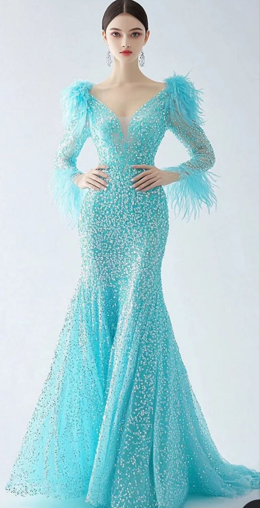 Rhinestone Feather Long Sleeve Fishtail Maxi Dress-Blue [Custom-Made] COCOMONEY