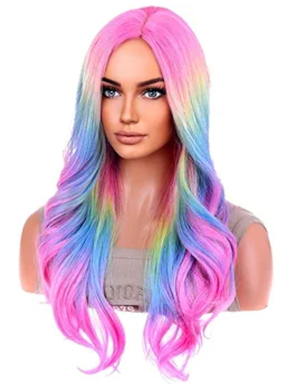 Rainbow Ombre Wigs Long Wavy Wig for Women Colorful Ombre Curly Heat Resistant Synthetic Hair Wigs for Daily Use with Wig Cap