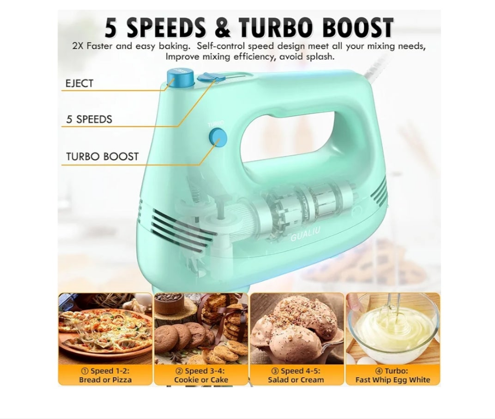 Electric Hand Mixer with Stainless Steel Whisk, Dough Hook Attachment and Storage Bag, Handheld Mixer for Baking Cakes, Eggs, Cream Food Mixers. Turbo Boost /5 Speed Kitchen Blender