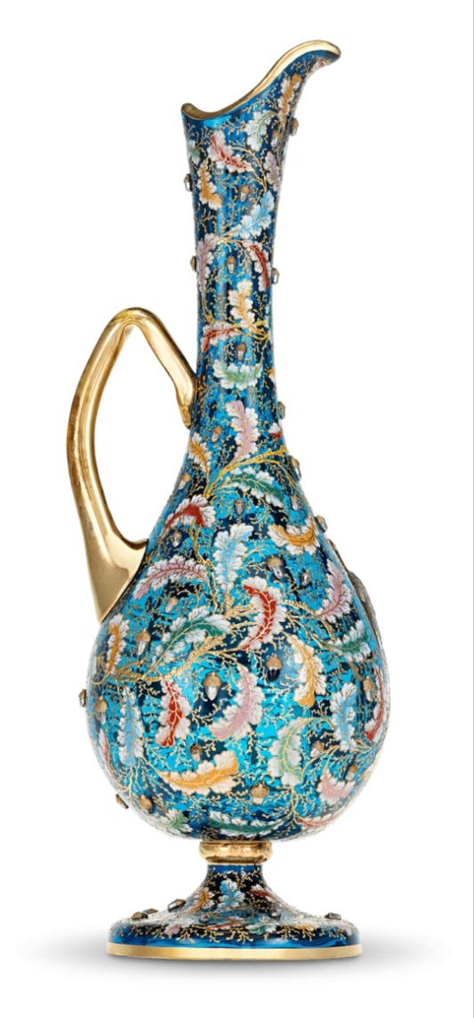 Moser Blue Glass and Enamel Parrot Ewer