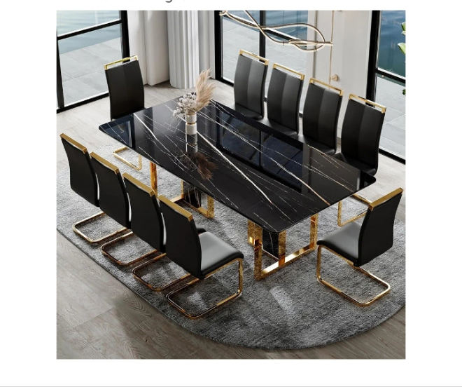 79in Dining Table Set For 10,Kitchen Table Chairs Set With Glossy Faux Mareble Table Top ,Black Rectangle Dining Room Table Set For 10,11 Piece Kitchen Table And Chairs Set For Kitcken Dining Room