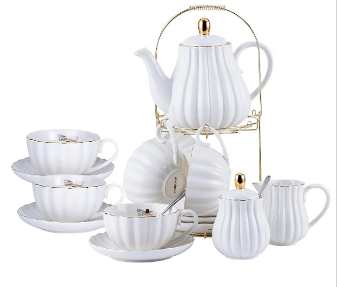QUEEN BEE COLLECTION Fine China tea set Coffee Cup/Teacup Set, 8 OZ Cups & Saucer, with Teapot-Sugar Bowl-Cream Pitcher Teaspoons and tea strainer for Tea/Coffee, Serve of 6)