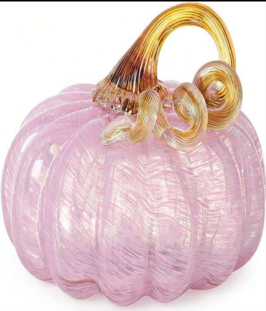 Hand Blown Glass Pumpkin Figurines 52 X 37 Inch Crystal Fake Pumpkin Deorative Ornaments For Tabletop, Halloween, Thanksgiving, Fall Harvest Pink