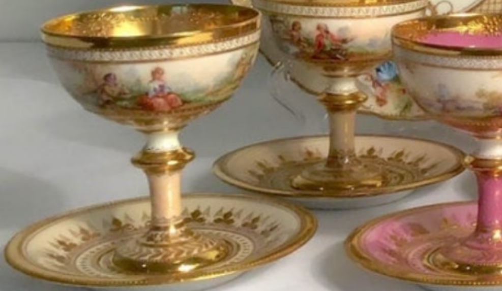 Dresden Ambrosius Lamm Footed Cups and Dessert Plates Set for 10 Hand Painted