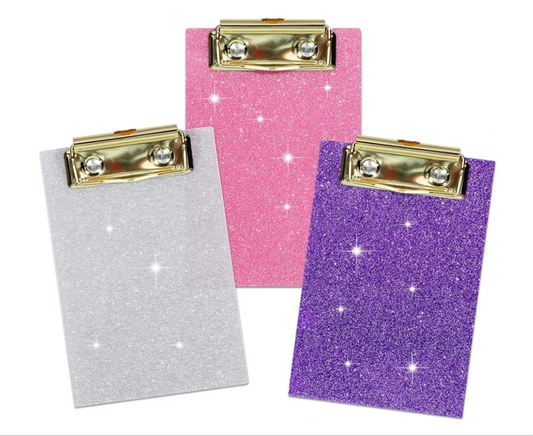 3 Pcs Mini Glitter Clipboard 4" x 6" Bling Small Acrylic Clipboards Mini Pocket Memo Size Clip Boards with Low Profile Clip for Office Classroom Back to School Supplies Pink Silver Purple