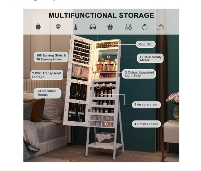 LED Mirror Jewelry Cabinet Standing, Lockable Jewelry Armoire Organizer Full Length Mirror with Storage, Adjustable Lights Jewelry