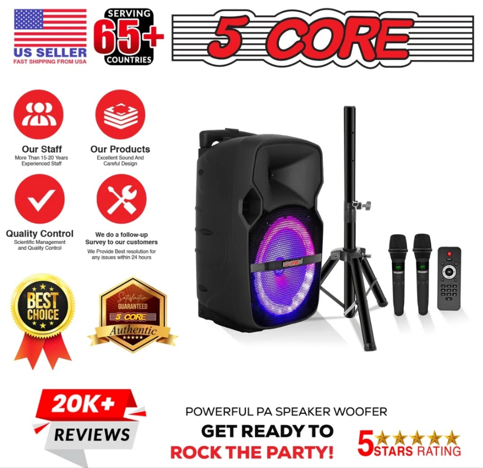 Party Speaker Bluetooth 400W Big Powered Rechargeable Outdoor PA DJ System w 2 Wireless Mics