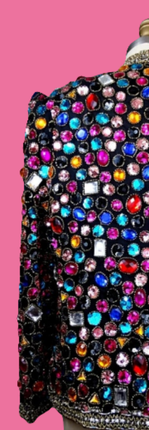COCOMONEY Jewel Embellished Sequin Trophy Jacket // Rainbow Rhinestone Crystal Gem Beaded Evening JacketBust Medium - Bust - 36" +Shoulders - 16"
Sleeves - 21"
Top to Bottom - 24"