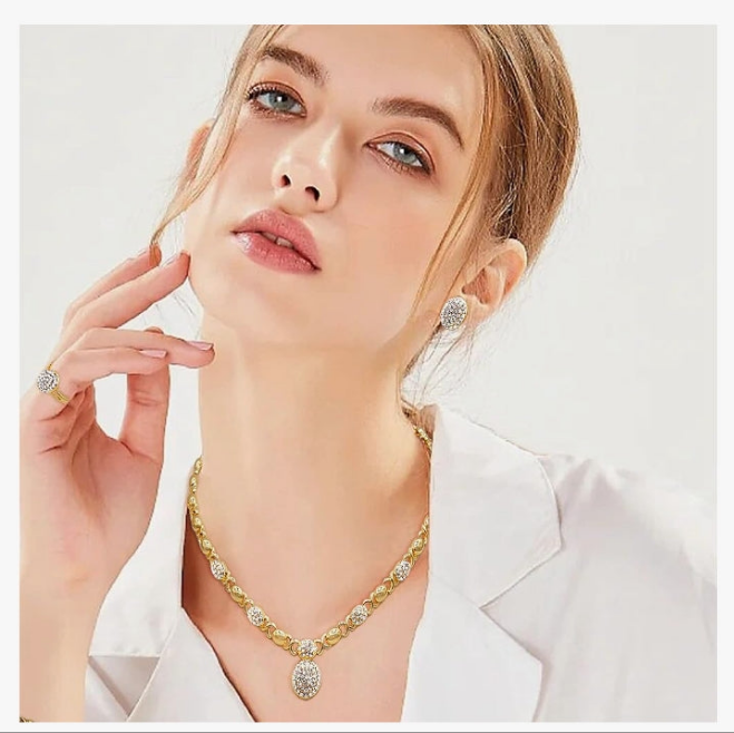 Gold plated Gold Jewelry Sets for Women 18K Gold/Silver Filled Jewelry Necklace Set Wedding Bridal Fashion Jewelry Sets Women Accessories Bracelets Earrings and Rings Sweetheart Gifts