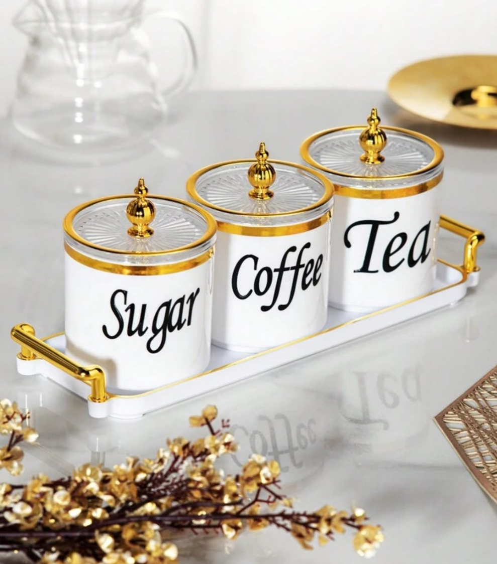 4pcs Coffee Canister Set, Multi-Purpose Storage Jars For Coffee, Tea, Sugar, Decorative Cream & Sugar Sets With Lids, Kitchen Jars Coffee Sealed With Tray