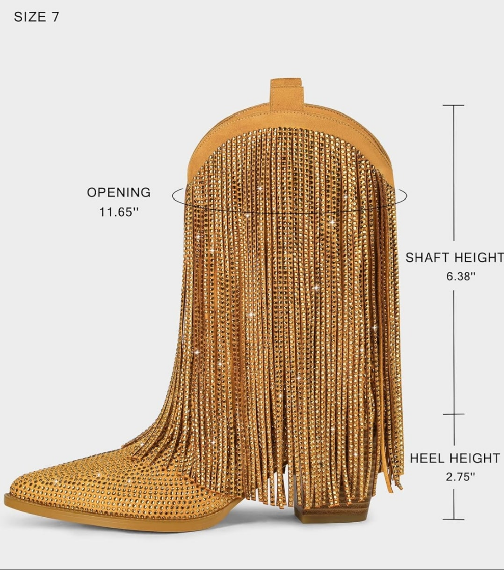 Cowgirl Boots Rhinestone with Sparkly Fringe Pointed Toe Western Boot Chunky Heel Pull-On Wide Calf