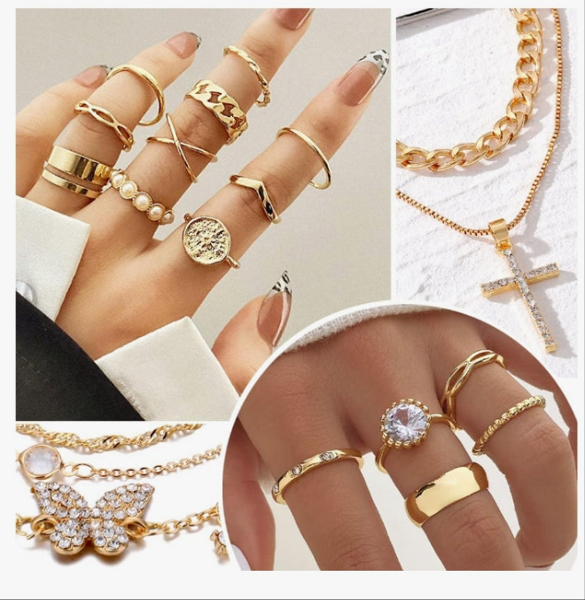 Gold Jewelry Sets for Women, Necklaces Bracelets Hoop Earrings Stackable Rings Jewelry Set，Fashion Outfit Accessories Costume Jewelry MultiPack Birthday Christmas Gifts for Women