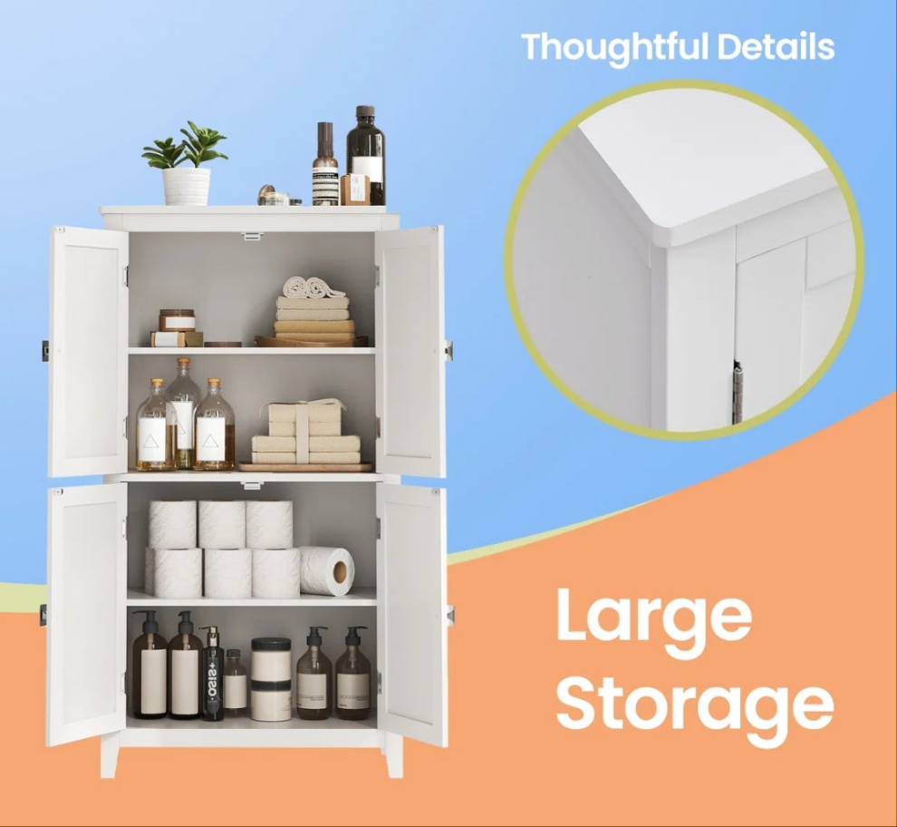 Bathroom Floor Storage Cabinet, Bathroom Storage Unit, Freestanding Cabinet With 4 Doors
