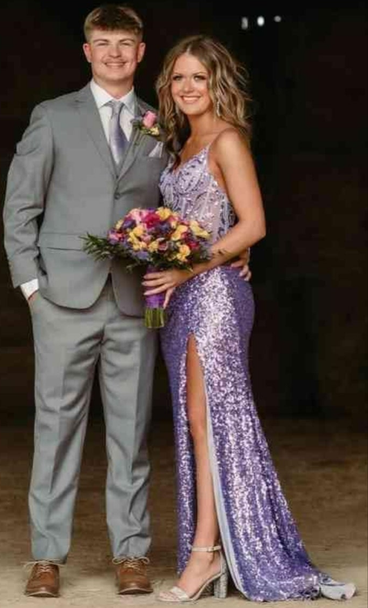 Spaghetti Strap Sequin Wedding Dress with Slit Sparkly Lace Appliques Mermaid Formal Evening Gown for Women