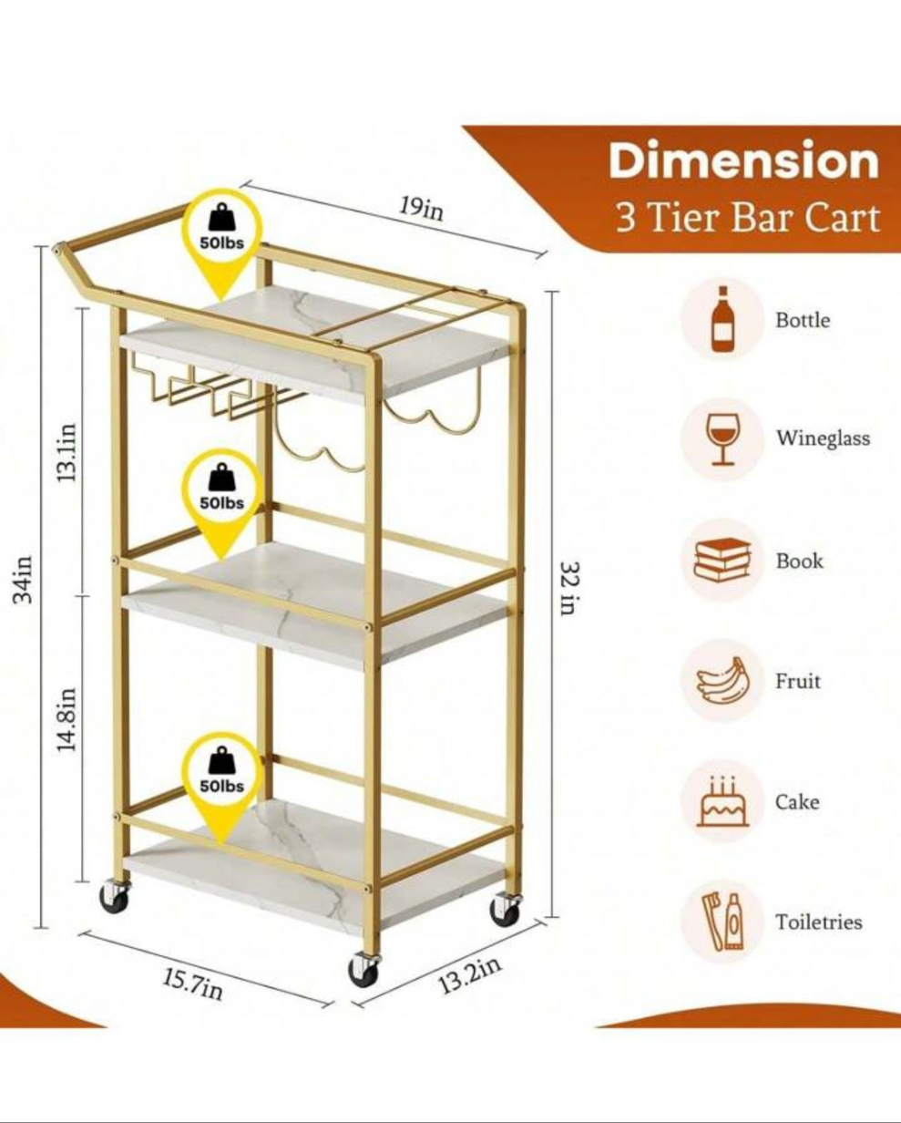 3 Tier Bar Cart, Mini Liquor Utility Cart For Wine Beverage Dinner Party, Rolling Wine Coffee Drink Serving Cart With Lockable Wheels For Home Kitchen Bars 1 cart
