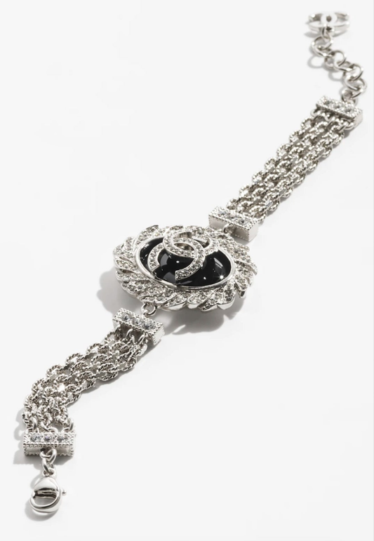 Chanel CC Bracelet Metal, Resin & Strass 
Silver, Black & Crystal