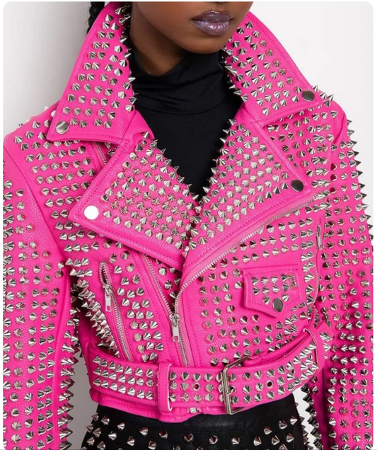 Women's Hot Pink Studded Leather Moto Jacket COCOMONEY