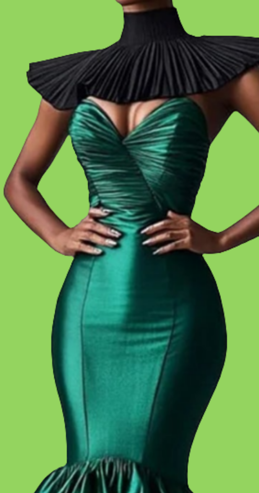 High Neck Asymmetrical Hem Fishtail Satin Maxi Dress-Dark Green [Custom-Made]COCOMONEY