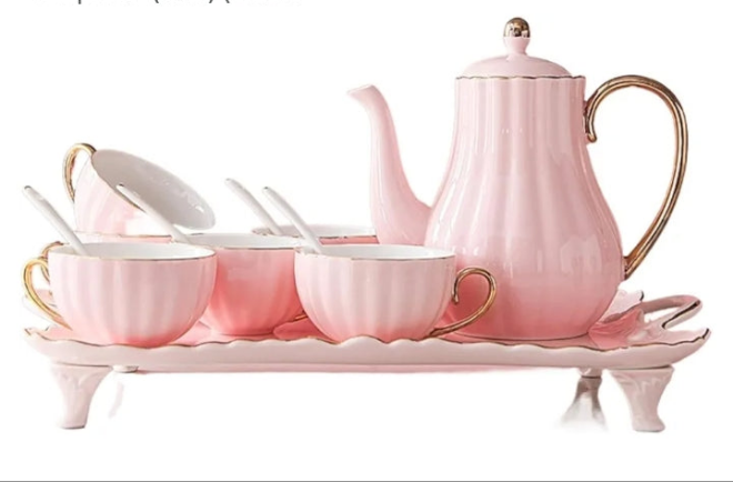 Ceramic Tea Sets, China Coffee Set ，Tea Set, 8 Pieces Porcelain Tea Sets White Ceramic Tea Service for Adults 1 Teapot Set of 6 Coffee Cups with Tray and Teaspoons (Pink) (Color :