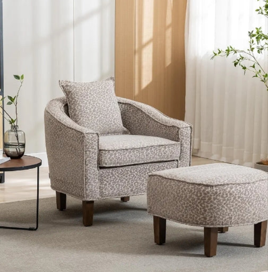 Leopard Grey Armchair with Ottoman, Modern Accent Chair with Adjustable Feet, Leisure Lounge Chair Mid Century Barrel Chair for Living Room Apartment Studio Office Waiting Room(Leopard Grey-Chenille)