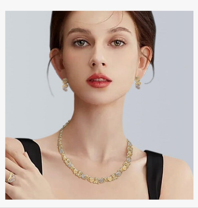 Gold plated Jewelry Sets for Women 18K Gold/Silver Filled Jewelry Necklace Set Wedding Bridal Fashion Jewelry Sets Women Accessories Bracelets Earrings and Rings Sweetheart Gifts