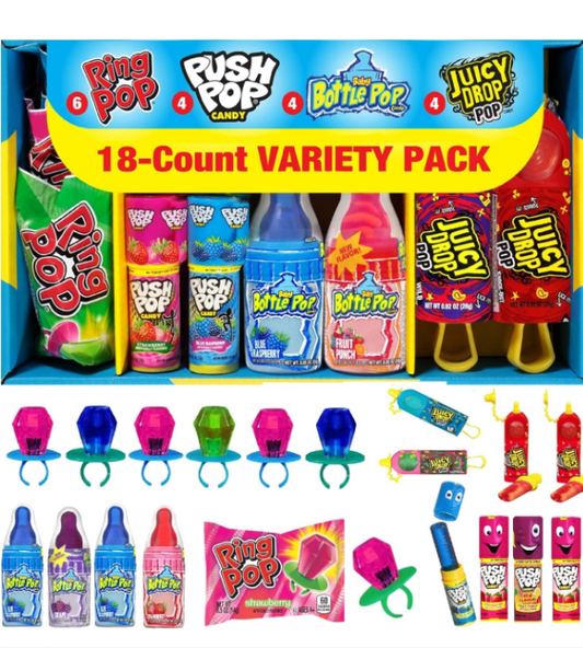 Candy Variety Pack - 18 Count Assorted Lollipops - Ring Pop, Push Pop, Baby Bottle Pop & Juicy Drop - Ideal for Birthdays, Party Favors, Celebrations & Candy Gifts by Bazooka Candy Brands