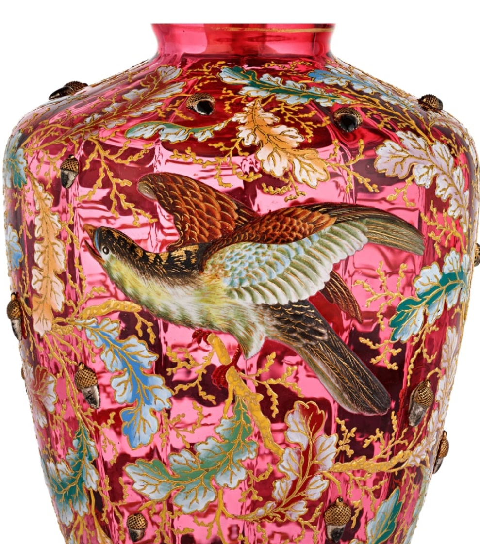 Fabulous Moser Ruby Glass and Enamel Bird Ewer