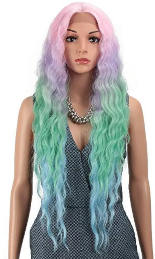 Lace Front Wigs 30'' Long Wavy Synthetic Wigs For Black Women 130% Density Ombre Rainbow Wigs with Baby Hair(