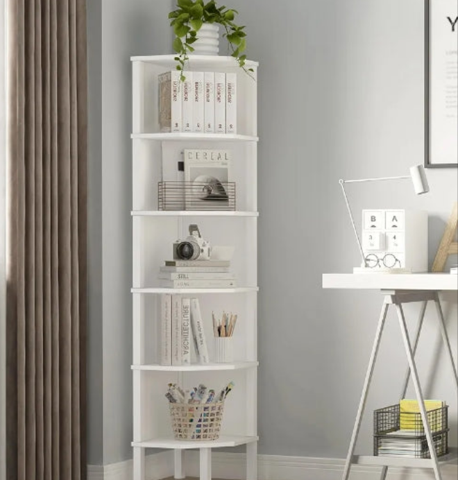 Corner Shelf, Corner Stand Rack, Freestanding Wooden Corner Bookshelf, Plant Display Shelving Unit for Small Space, Living Room, Bedroom, Office (White, 6 Tier)