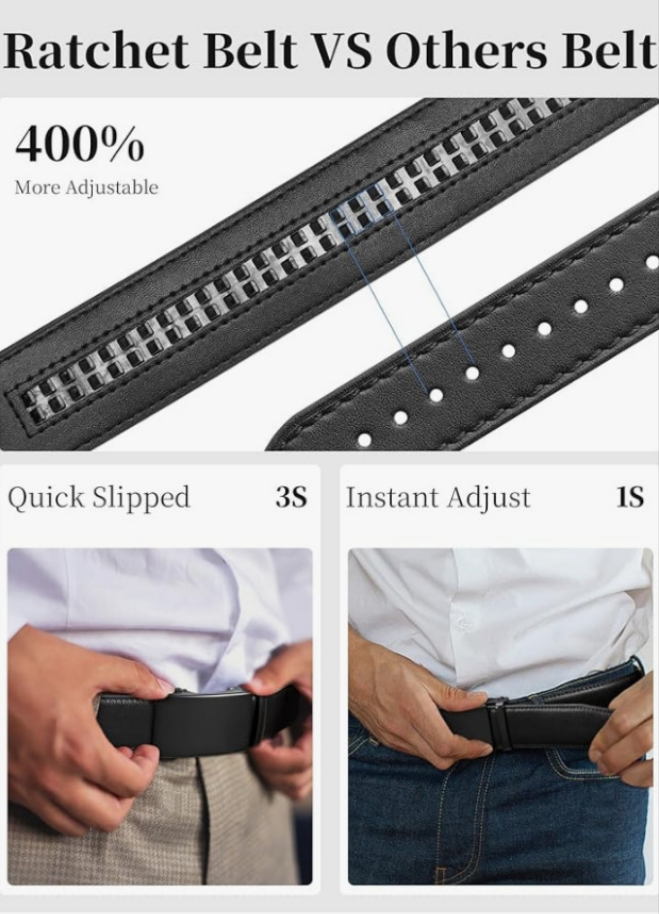 Mens Ratchet Belt Leather 1 3/8'' Adjustable Belts for Mens Dress Casual Jeans Comfort Trim to Fit
